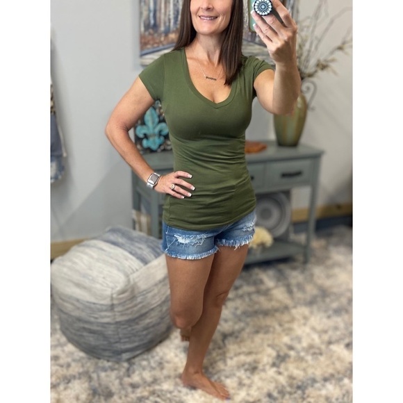 V Neck Cotton Short Sleeve Slimming Basic Baby Tee Deep Olive 0060 - Picture 3 of 4